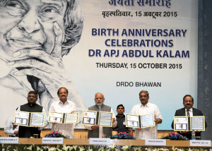 The Prime Minister, Shri Narendra Modi releasing the commemorative postal stamps on the former President of India, Dr. A.P.J. Abdul Kalam, on his 84th birth anniversary celebrations, at DRDO Bhawan, in New Delhi on October 15, 2015. 	The Union Ministers, Shri Manohar Parrikar, Shri M. Venkaiah Naidu, Shri Ravi Shankar Prasad and Dr. Harsh Vardhan are also seen.